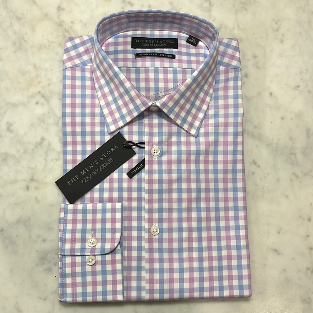 NWT The Men’s Store Bloomingdales Purple & Blue Plaid shirt, size 15 1/2 x 34/35